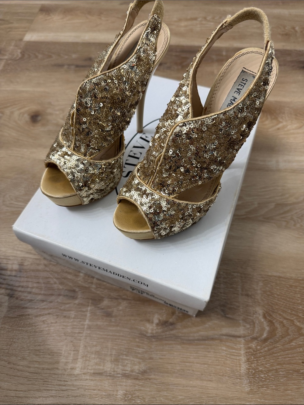 Steve Madden Gold Sequin Peep-Toe Slingback Heels